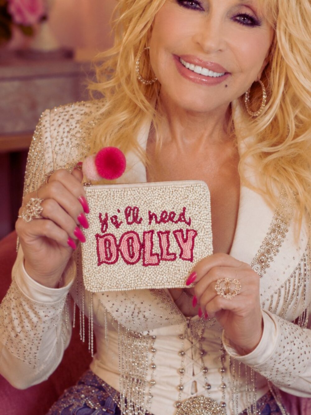 NEW DOLLY PARTON Seed Beaded Larger Style Pom-Pom Zipper Makeup Money Pouch